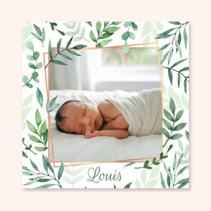 Birth announcement, Baby announcement, Mixed birth, boy, girl, flowers leaves, nature, green, baptism announcement