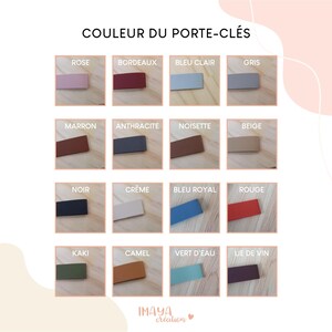 May include: A colour chart for keychains titled COULEUR DU PORTE-CL&Eacute;S, displaying sixteen rectangular leather swatches in various shades including rose, bordeaux, light blue, grey, brown, anthracite, hazelnut, beige, black, cream, royal blue, red, khaki, camel, aqua, and wine.