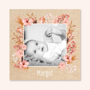 Original birth announcement in pink, baby announcement, girl birth, flowers, pampas, Ibiza model