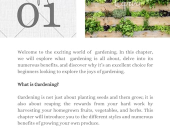 May include: Chapter 01 of a gardening guide with a photo of a vertical garden with a variety of plants growing in wooden planters.