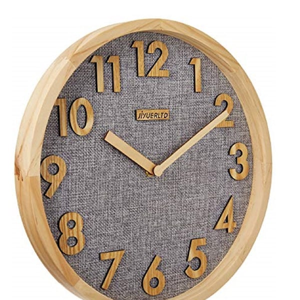 JIYUERLTD Clock 12" Wall Clock,Kitchen Clock,3D Wood Numbers Display,Wood Frame with Linen Face Clock for Home Office School