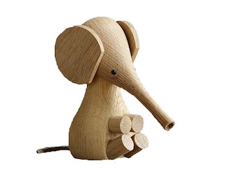 Hand Carved Oak Wood Elephant: Long Nose Animal Figurine