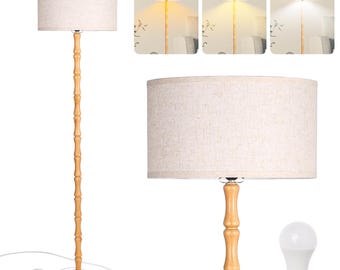 Tall Wooden Floor Lamp, 62" Rubberwood Farmhouse Lamp, Vintage Standing Lamp for Living Room, Bedroom, Reading Nook, Office