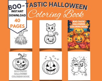 Peut inclure: Un livre de coloriage imprimable de 40 pages avec des illustrations sur le thème d'Halloween. La couverture présente une citrouille sur laquelle est assis un chat. Le texte sur la couverture est "Boo-Tastic Halloween Coloring Book".