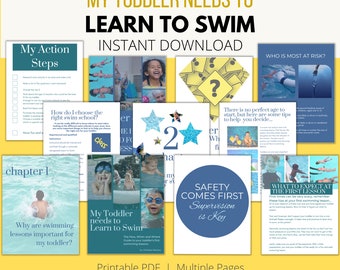May include: A colorful printable PDF guide for parents on how to teach their toddlers to swim. The guide includes information on choosing the right swim school, safety tips, and what to expect at the first lesson. The cover features a blue and white illustration of a toddler swimming with a life vest.
