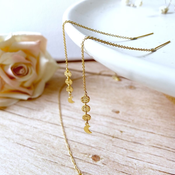 14k gold filled moon threader earrings  Long dangle earrings  Pull through celestial earrings   Gold filled drop earrings  Chain earrings