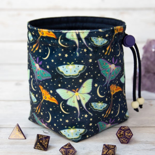 Large Premium Velvet Drawstring RPG DnD Dice Bag in Magical Moth Print with Pockets, Collectibles Organiser for Miniatures, Coins, Crystals