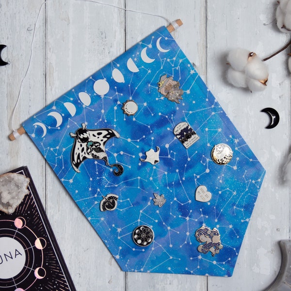Sparkly Pastel Blue Constellation Galaxy Moon Phase Enamel Pin Badge Banner, Wall Hanging, Display, Pennant Flag