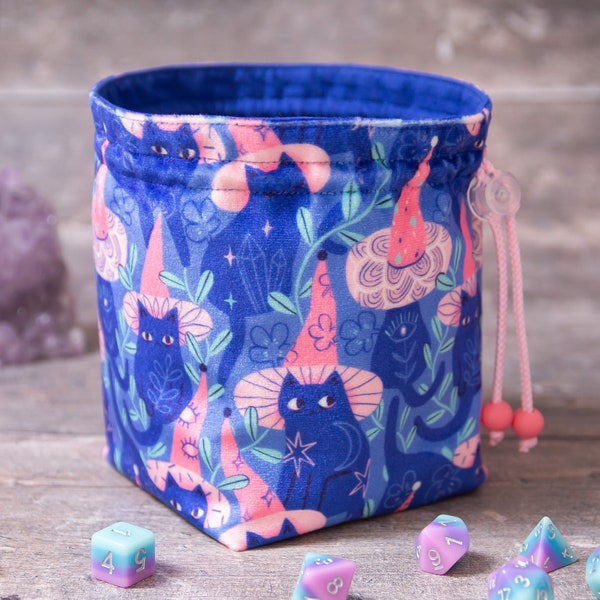 Large Premium Velvet Drawstring RPG DnD Dice Bag in Witchy Cat Print with Pockets, Collectibles Organiser for Miniatures, Coins, Crystals