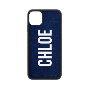 Personalised Navy Saffiano Leather iPhone 13 and 12 Pro Max Case 11 Mini XS Xr X 8 Plus 7 Monogram Initials Names Cover Customised