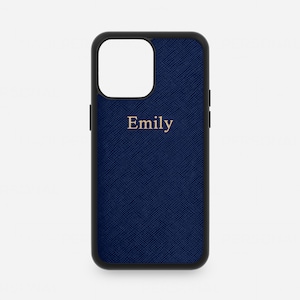 Marineblauwe leren telefoonhoes, iPhone 14 Pro Max-hoesje, saffiano-reliëf 13 12 11 XS XR X 8 Plus mini monogram initialen omslagfolie gepersonaliseerd