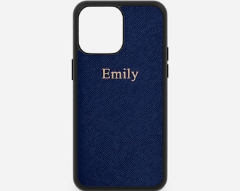 Navy Saffiano Leather iPhone Case, Monogram Initial Cover