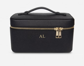 Sac de maquillage en cuir personnalisé, sac à cosmétiques en cuir Saffiano, boîte de vanité, trousse de toilette personnalisée, sac de maquillage de voyage, cadeau pour elle