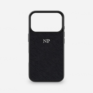 Black Leather iPhone Case, Personalised Phone Case, Saffiano Leather, iPhone 17 Pro Max, 16 Pro Max, 15,  14, 13, 12 11 X Monogram Initials