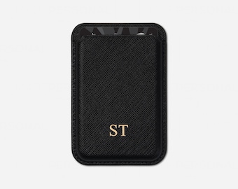 Personalised MagSafe Wallet, Genuine Leather Card Holder, Saffiano Embossed Cardholder, Monogrammed Leather Credit Card Wallet.