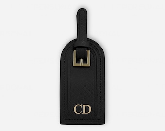 Personalized Black Saffiano Leather Luggage Tag: Monogrammed Travel Gift