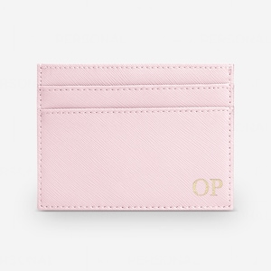 Gepersonaliseerde kaarthouder, roze saffianoleer, leren creditcardportemonnee met monogram, gepersonaliseerd, huwelijkscadeau-ideeën, echt leer