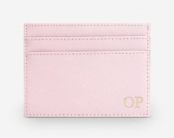 Personalised Card Holder, Pink Saffiano Leather, Monogrammed Leather Credit Card Wallet, Personalized, Wedding Gift Ideas, Genuine Leather