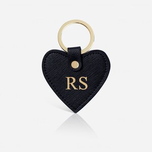 Personalized Black Leather Heart Keychain, Saffiano Leather Keyring