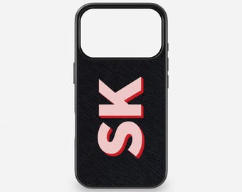 Black Saffiano Leather iPhone Case, Monogram Initials Shadow Text Phone Cover