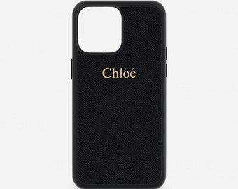 Coque iPhone 13, 12 et 11 Pro Max en cuir Saffiano noir gaufré Mini Xs Xr X 8 Plus 7 Monogram Initials Personnalisé Hot Foil Personnalisé