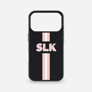 Personligt iPhone-skal i saffianoläder, randigt monogramfodral, telefonskal med initialer