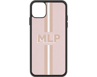 Pale Pink Saffiano Leather iPhone 13 Pro Max Case 12 11 Mini XS Xr X Case Monogram Initials Cover Customised Personalised Stripe