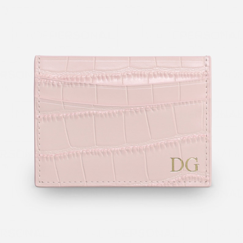 Personalised Card Wallet, Black Croc Leather Card Holder, Monogrammed Credit Card Wallet, Personalised, Wedding Gift Ideas, Gift for Dad Pale Pink Croc