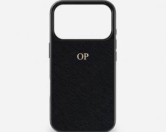 Personalized Saffiano Leather iPhone Case: Black Monogrammed Hot Foil