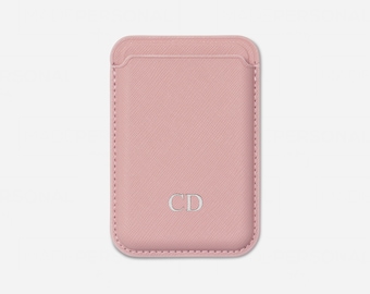 Cartera MagSafe de cuero, tarjetero personalizado de cuero rosa auténtico, tarjetero con relieve Saffiano, cartera de cuero con monograma para tarjetas de crédito.
