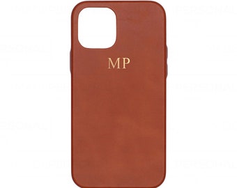 Personalized Brown Full Grain Leather iPhone Case: Wireless Charging Compatible