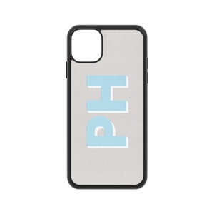 Lichtgrijs Saffiano Lederen iPhone 12 Pro Max Case Mini 11 XS Xr X 8 Plus 7 Monogram Initialen Cover Aangepaste Gepersonaliseerde Schaduwtekst