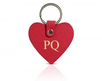 Red Leather Heart Keyring, Personalised Genuine Saffiano Leather Keychain, Monogram Key Fob, New home gift