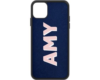 Saffiano Leather iPhone Case, Navy Monogram Initial, Personalized