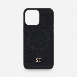 Gepersonaliseerde MAGSAFE zwart lederen iPhone 16 telefoonhoesje, iPhone 15 Pro Max-hoesje, MAGSAFE iPhone 14+ monogram initialen aangepast 13
