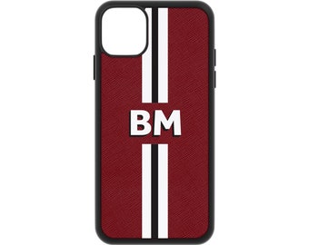 Burgundy Leather iPhone 13, 12 and 11 Pro Max Case Mini XS Xr X 8 Plus Case Monogram Initials Cover Customised Personalised Stripes Saffiano
