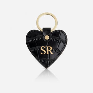 Portachiavi a forma di cuore in pelle di coccodrillo nera, portachiavi personalizzato in vera pelle Saffiano, portachiavi con monogramma, regalo per auto nuova