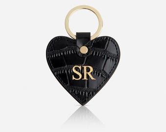 Black Croc Leather Heart Keyring, Personalised Genuine Saffiano Leather Keychain, Monogram Key Fob, New car gift
