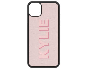 Pale Pink Saffiano Leather iPhone 13 Pro Max Case 12 11 Mini XS Xr X 8 Plus 7 Monogram Real Cover Customised Personalised Shadow Text Name