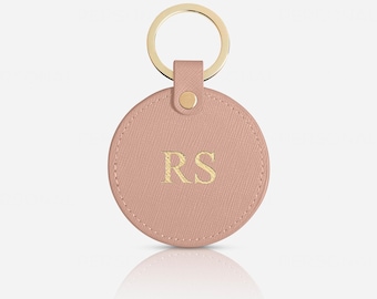 Personalized Taupe Leather Keyring, Saffiano Monogram Key Fob