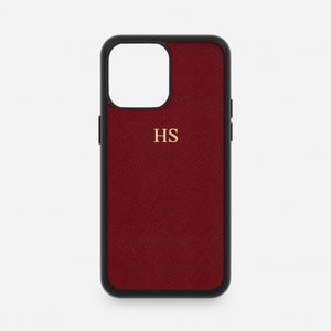 Bordeauxrood saffianoleer iPhone 14 Pro Case iPhone 13 Pro Max Plus 12 11 Mini XS XR XS 8 7 initialen hoes aangepast warm folie gepersonaliseerd