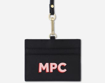 Personalized Saffiano Leather ID Badge Holder: Black Cardholder Lanyard