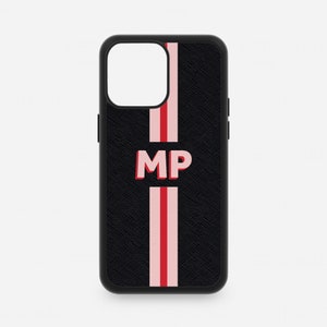 Zwart lederen iPhone 16 Pro telefoonhoesje, Saffiano 15 14 13 12 Pro Max Case 11 Mini XR X Plus geval monogram initialen cover gepersonaliseerde streep