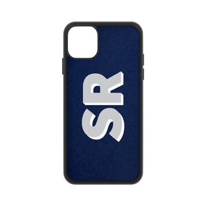 Navy Saffiano Leather iPhone 13 Pro Max Case 12 11 Mini XS Xr X 8 Plus 7 Monogram Initials Real Cover Customised Personalised Shadow Text 10