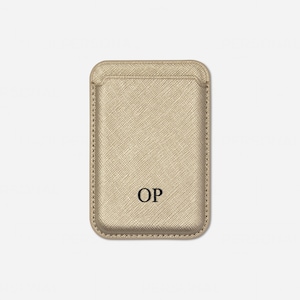 Gouden MagSafe-leren portemonnee, gepersonaliseerde lederen kaarthouder, kaarthouder met saffiano-reliëf, leren creditcardportemonnee met monogram.