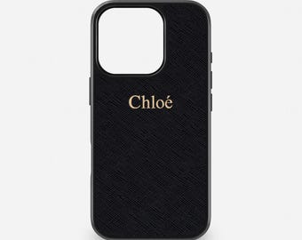 Funda para teléfono de piel Saffiano negra repujada, funda personalizada para iPhone 16 Pro Max, funda con monograma para iPhone 15, 14 Plus, 13, 12 y 11 con iniciales.