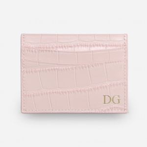 Gepersonaliseerde krokodillenleer kaarthouder, roze lederen creditcardportemonnee met monogram, huwelijkscadeau-ideeën, cadeau voor moeder, kaarthouder met reliëf