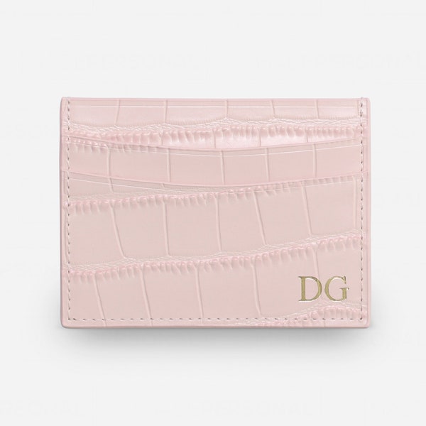 Personalised Croc Leather Card Holder, Pink Leather Monogrammed Credit Card Wallet, Wedding Gift Ideas, Gift for Mum, Embossed Cardholder