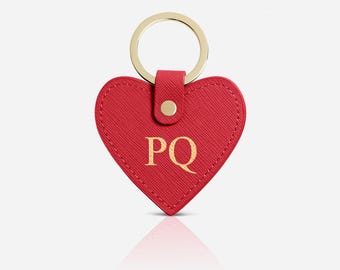 Red Leather Heart Keyring, Personalised Genuine Saffiano Leather Keychain, Monogram Key Fob, New home gift