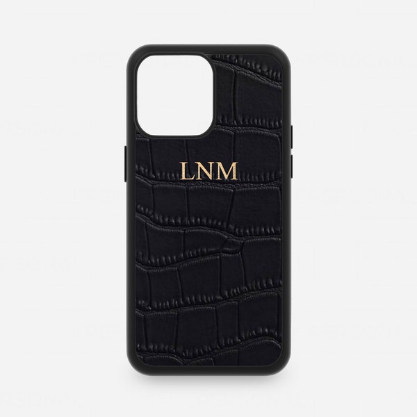 Gepersonaliseerde zwarte Croc lederen iPhone 15 Pro Max, lederen tas met reliëf iPhone 14 13 12 11 Mini XS Xr X monogram initialen cover aangepast